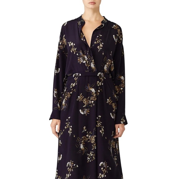 Vince navy blue silk floral midi wrap shirt dress - Medium - Picture 1 of 5